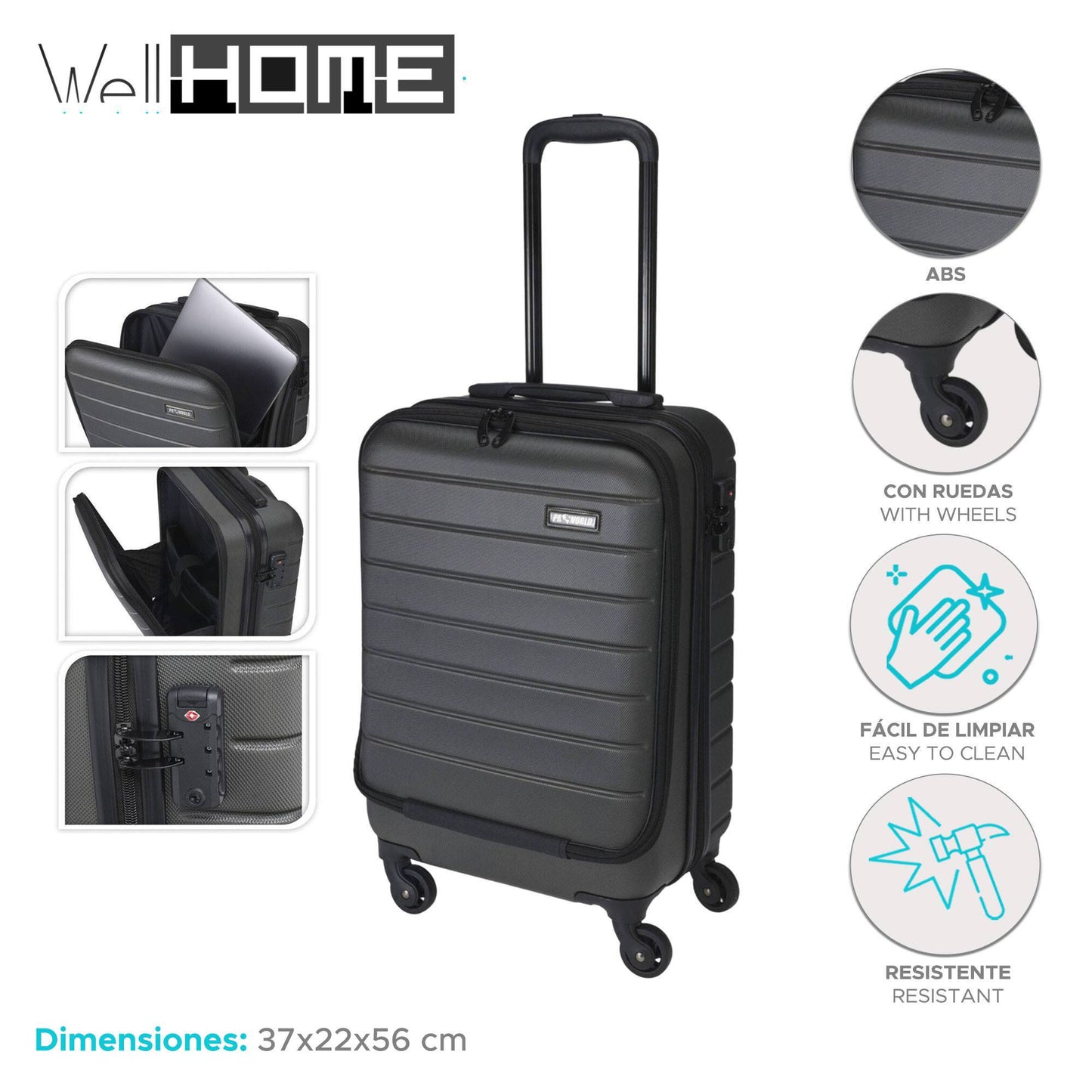 Well Home Maleta Trolley Abs De 20'' Con 4 Ruedas Color Gris Oscuro_1