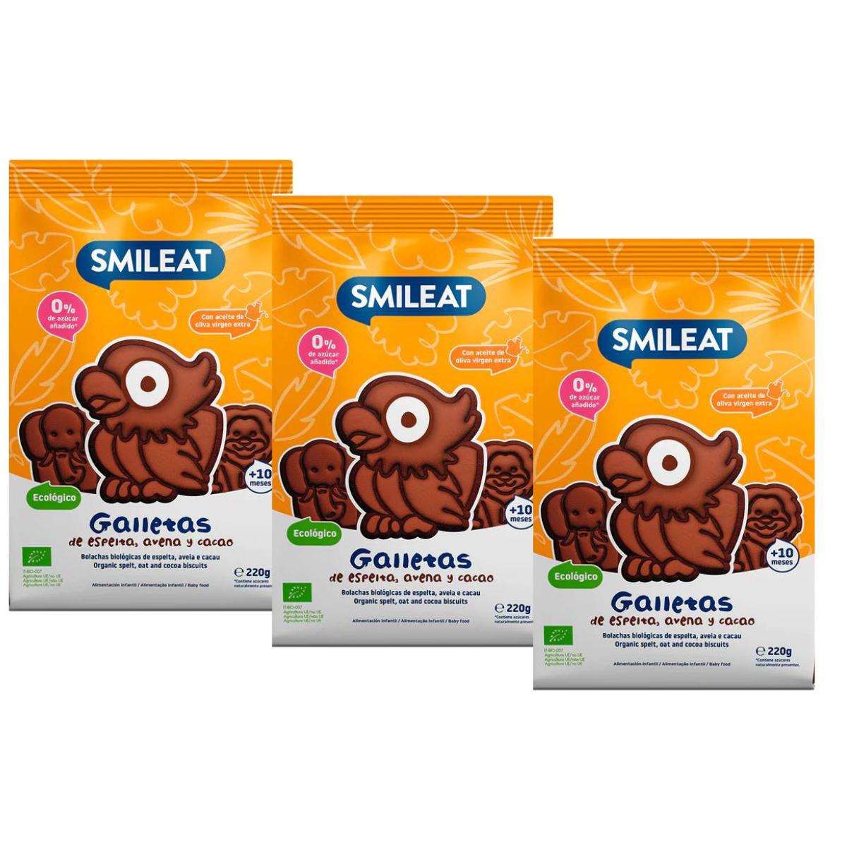 Pack de 3 bolachas Smileat ECO 220g de espelta, aveia e cacau
