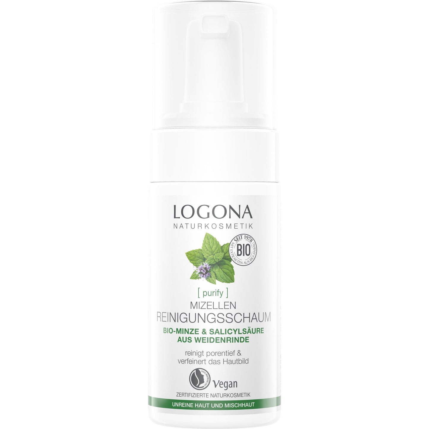 Espuma de Limpeza Purificante Logona com Hortelã Biológica e Ácido Salicílico Orgânico, 100ml