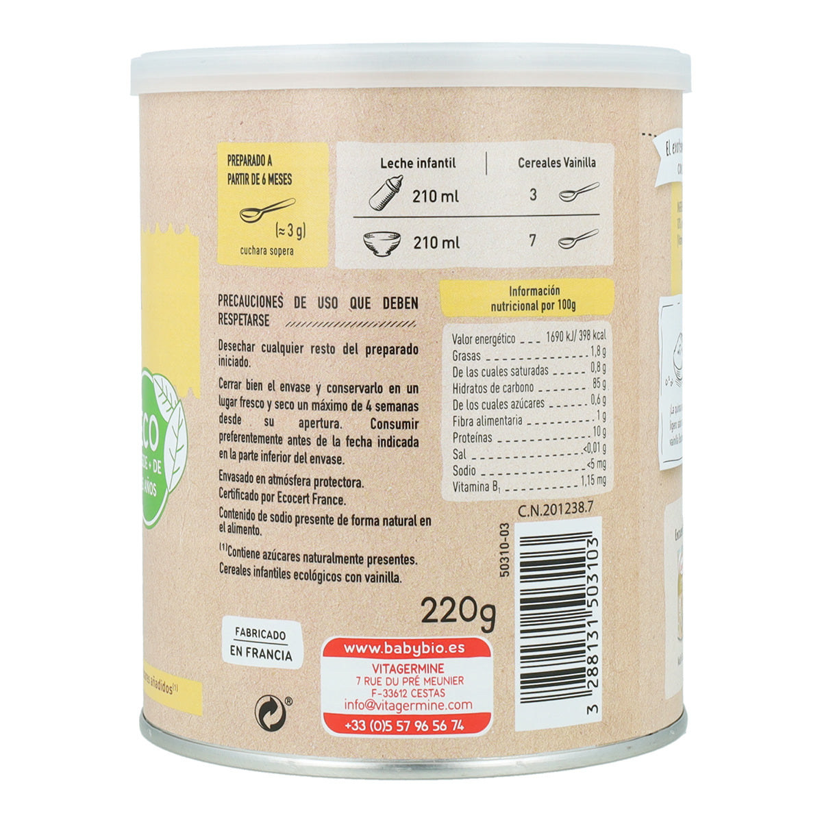 Papa de Cereais Babybio Baunilha com Quinoa 220 g