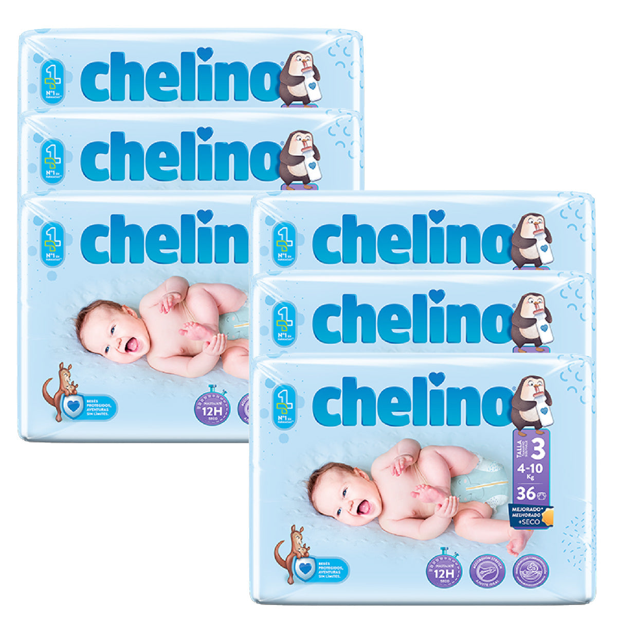 Embalagem de 6 fraldas T3 para deitar (4-10 kg) 36 unidades, Chelino