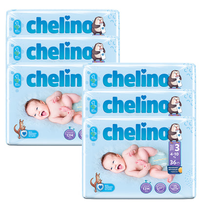 Embalagem de 6 fraldas T3 para deitar (4-10 kg) 36 unidades, Chelino