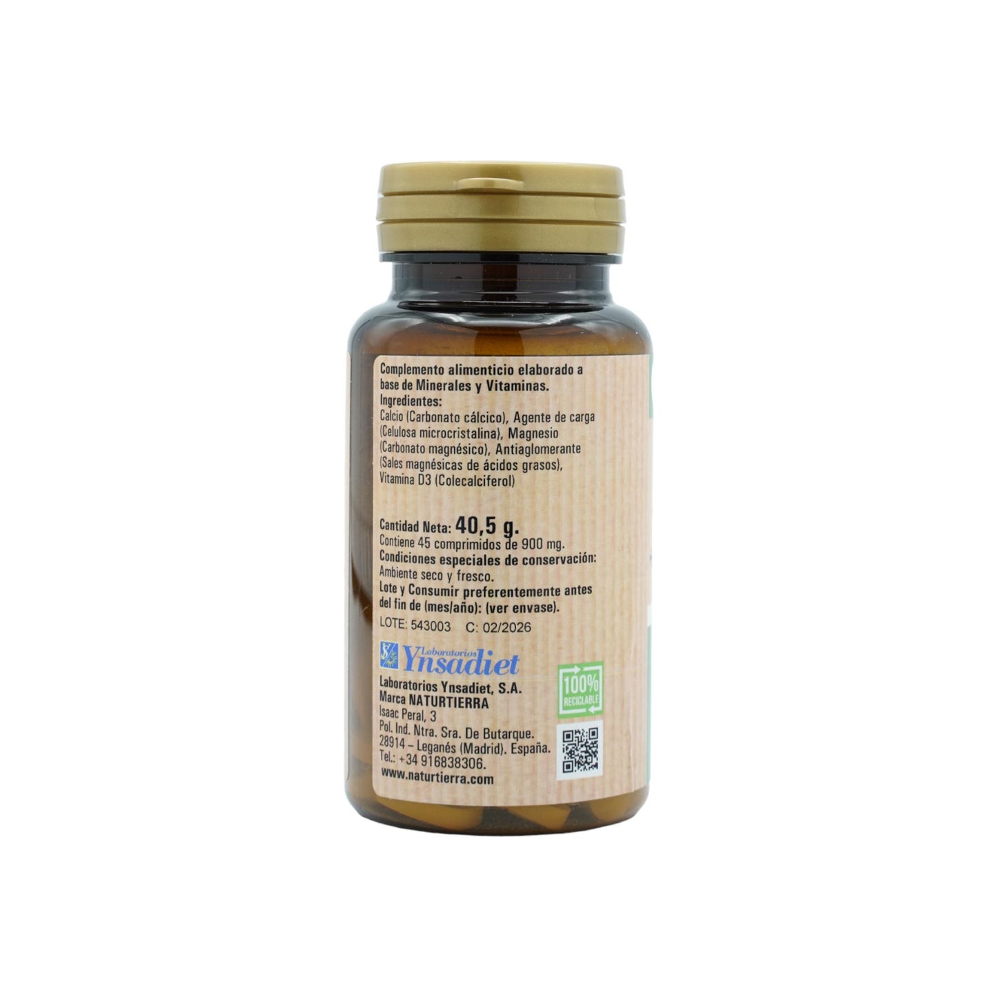 Cálcio + Magnésio + Vitamina D3, 45 comprimidos. NaturTierra