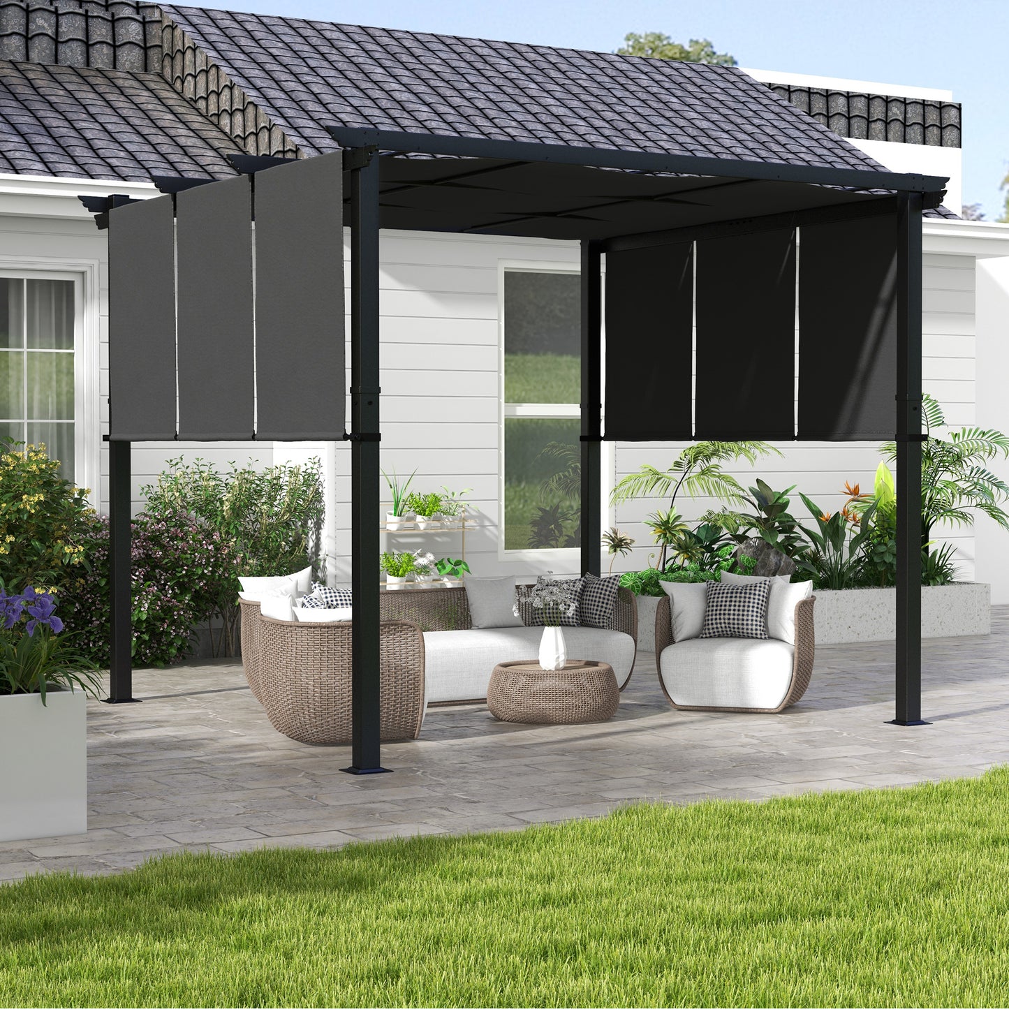 Outsunny Pérgola De Jardín 3x3 M Con Techo Retráctil Marco De Acero Gris Oscuro_1