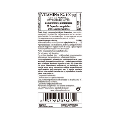 Vitamina K2, 50 cápsulas vegetais de 100 mcg