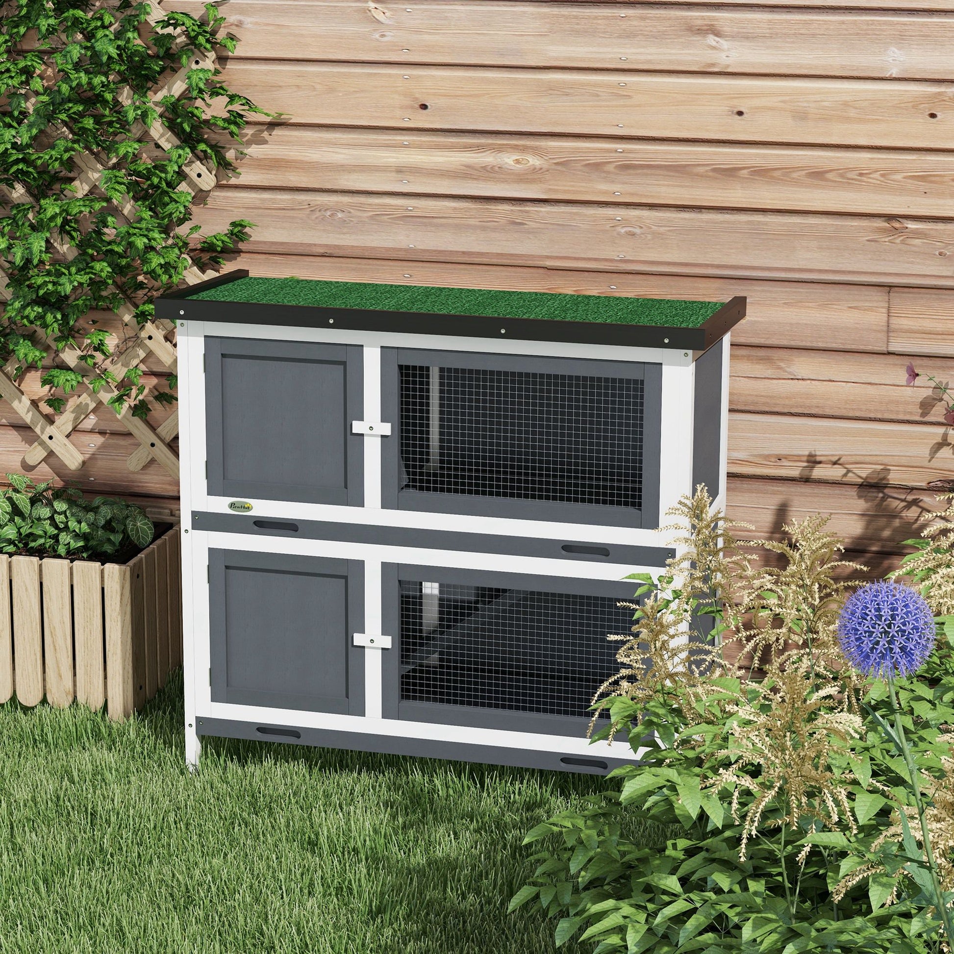 Pawhut Conejera De Madera 97x44x91 Cm Con Techo Asfáltico Puertas Con Pestillo_3
