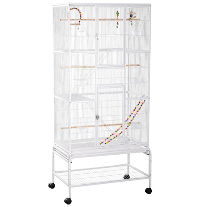 Pawhut Jaula Para Pájaros Con Ruedas Comederos Perchas 83x53x180 Cm Blanco_0