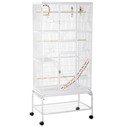Pawhut Jaula Para Pájaros Con Ruedas Comederos Perchas 83x53x180 Cm Blanco_0