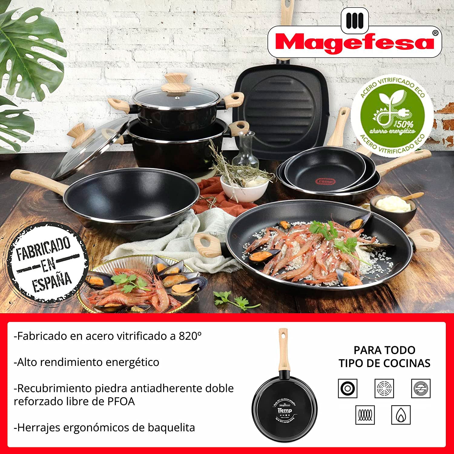 Batería Cocina Inducción 6 Piezas, Antiadherente Libre Pfoa, Exterior Negro Asas Efecto Madera Magefesa Orbe, Negro_2