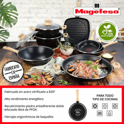 Batería Cocina Inducción 6 Piezas, Antiadherente Libre Pfoa, Exterior Negro Asas Efecto Madera Magefesa Orbe, Negro_2