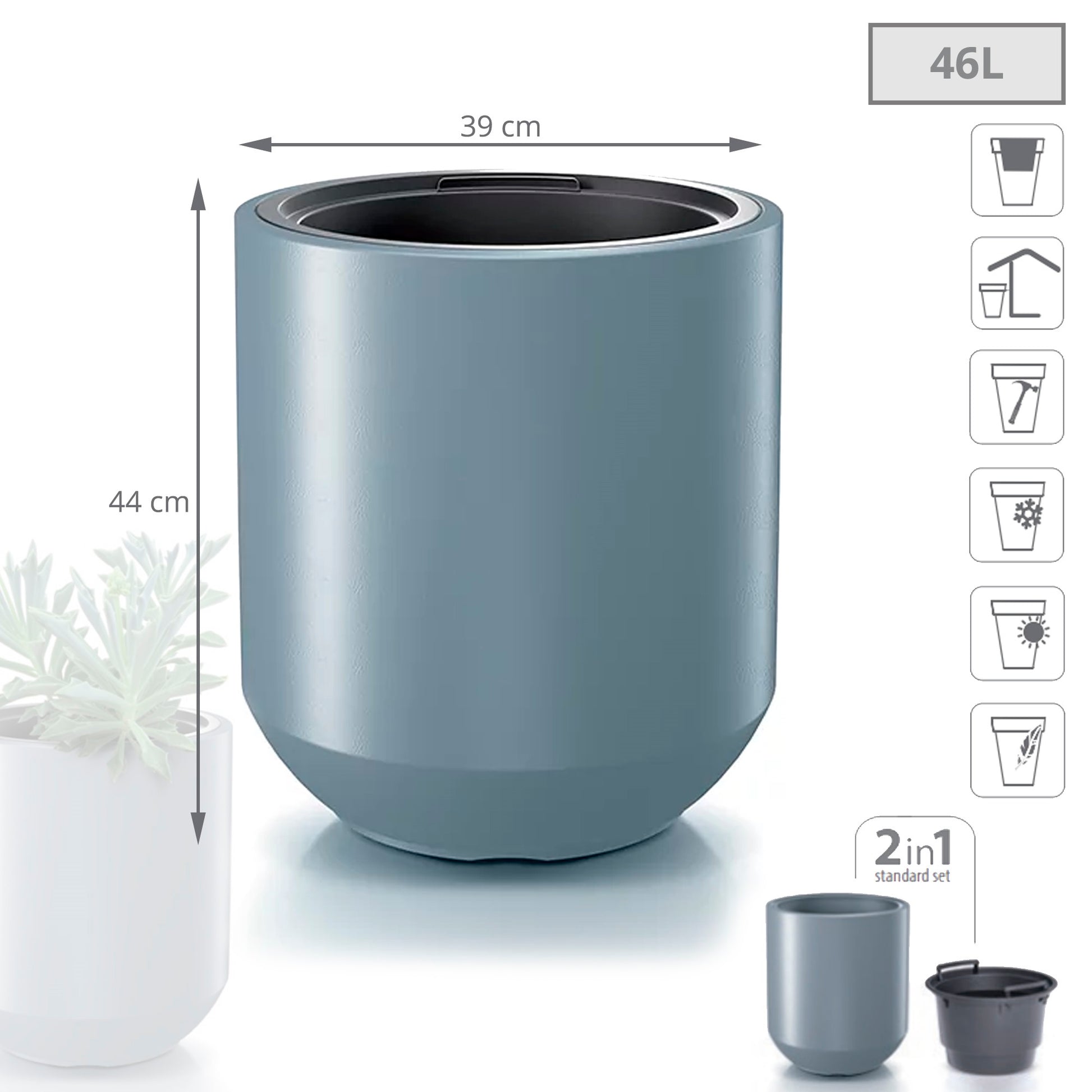 Maceta Heos 46l., Con Depósito, Dimensiones (mm) 390x390x440, Color Gris Claro_2