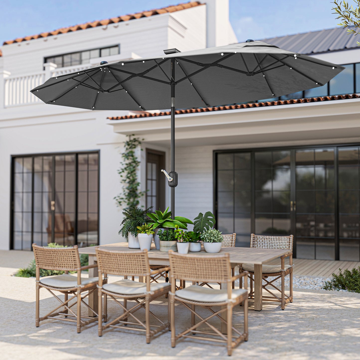 Outsunny Sombrilla Doble 295x150x219 Cm Con Luces Led Solares Gris_4