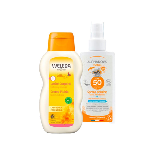 PACOTE DE VERÃO Alphanova Protetor Solar Orgânico para Bebé FPS 50 125 ml + Loção Corporal de Calêndula Weleda, 200 ml