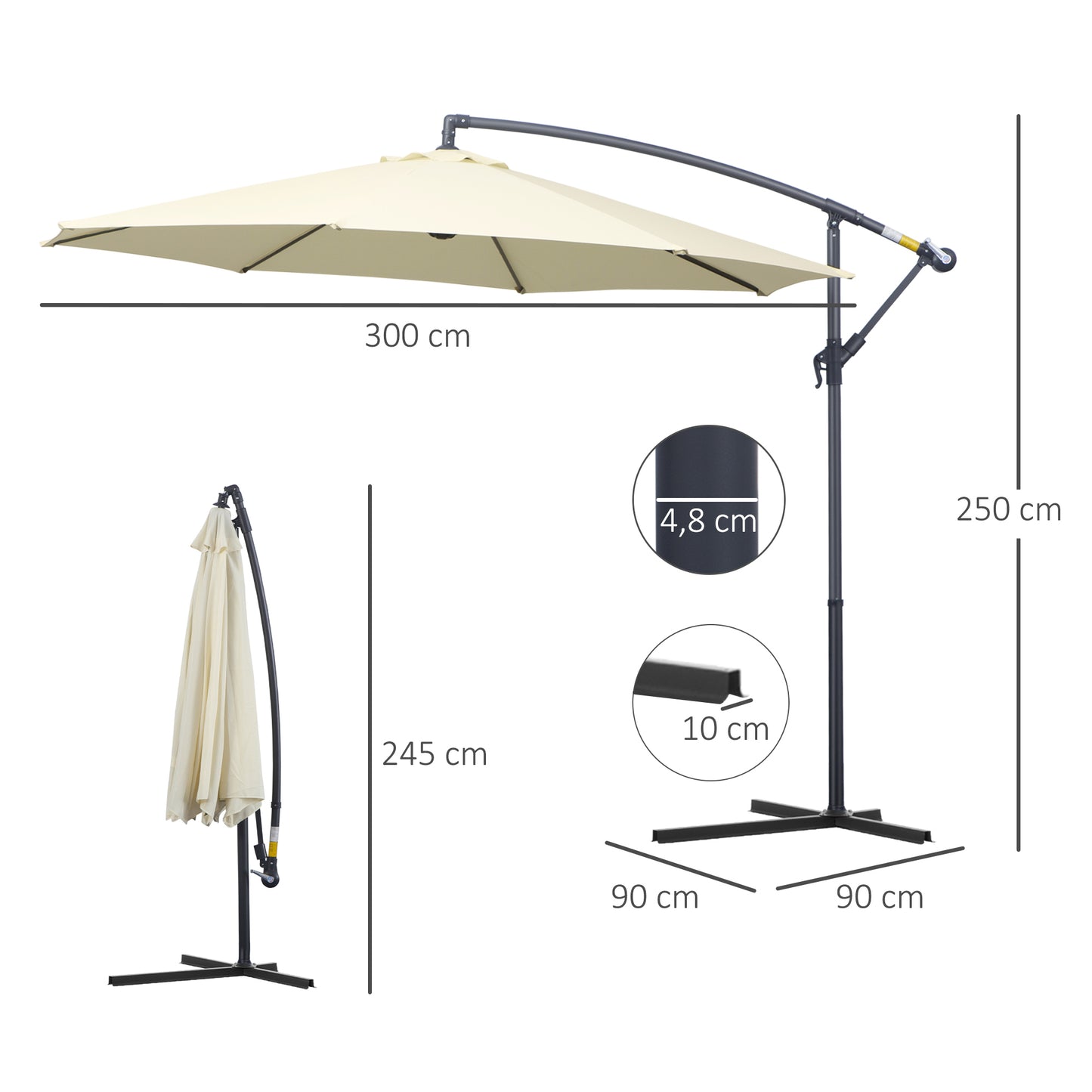 Outsunny Sombrilla De Jardín Ø300x250cm Inclinable Manivela Base Cruzada Beige_2