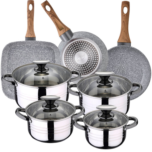 Bateria De Cocina 8 Piezas San Ignacio Dina Acero Inox y Sartenes 18-22 Cm  Grill 28 cm