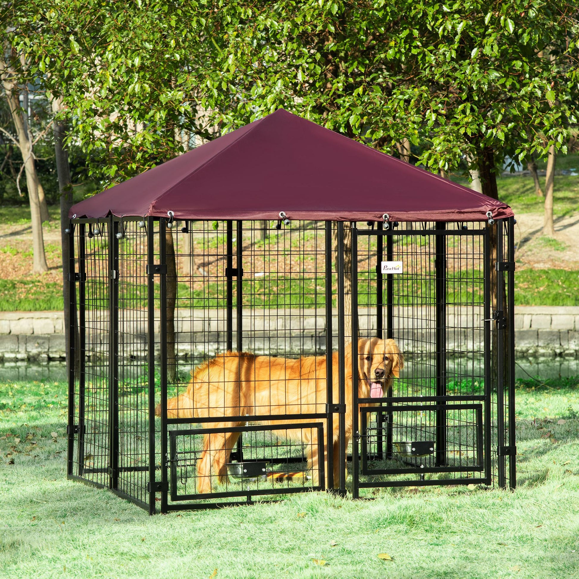 Pawhut Perrera De 8 Paneles Con 2 Cuencos Y Toldo 141x141x153 Cm Negro Y Rojo_1