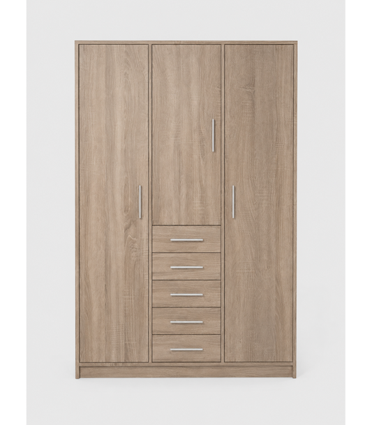 Armario 3 Puertas Abatibles 5 Cajones Acabado Roble Cortez, 200 Cm(alto)130 Cm(ancho)50 Cm_0