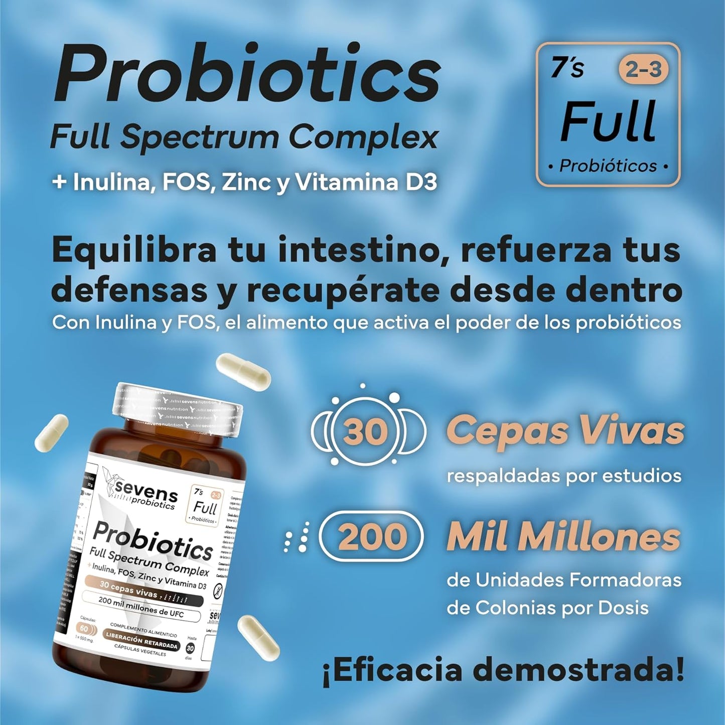 Probiótico Full Spectrum Complex con Inulina FOS Zinc y Vitamina D3 Sevens Nutrition 60 cápsulas