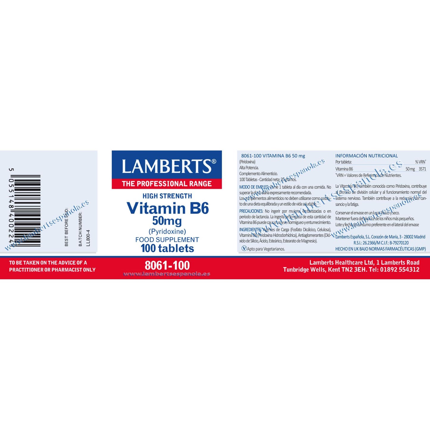 Vitamina B6 100 comprimidos de 50 mg, Lamberts