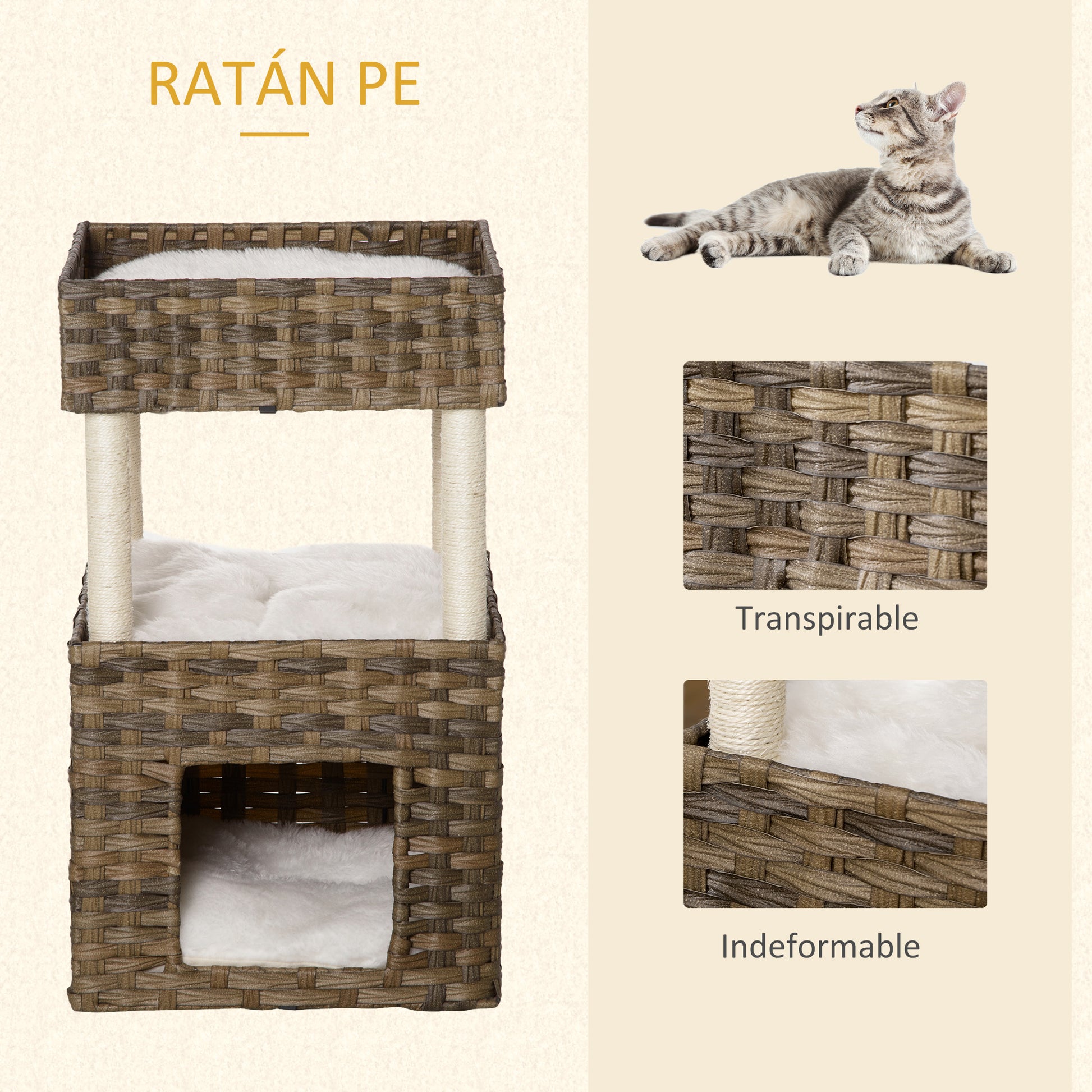 Pawhut Rascador Gatos De Ratán Con Cueva Camas Postes De Sisal Cojines Lavables_5