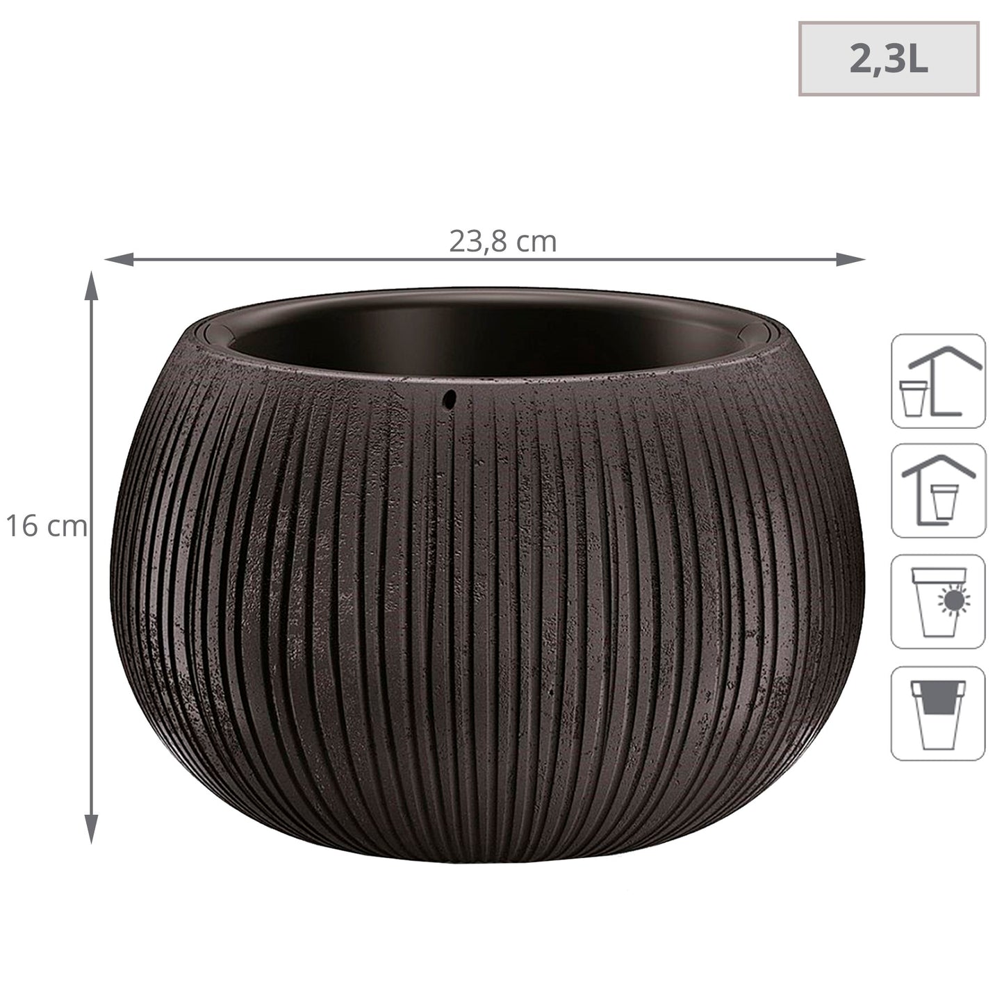 Prosperplast Beton Bowl De Plástico Con Depósito En Color Cemento Negro, 16,1 (alto) X 23,8 (ancho) X 23,8 (profundo) Cms