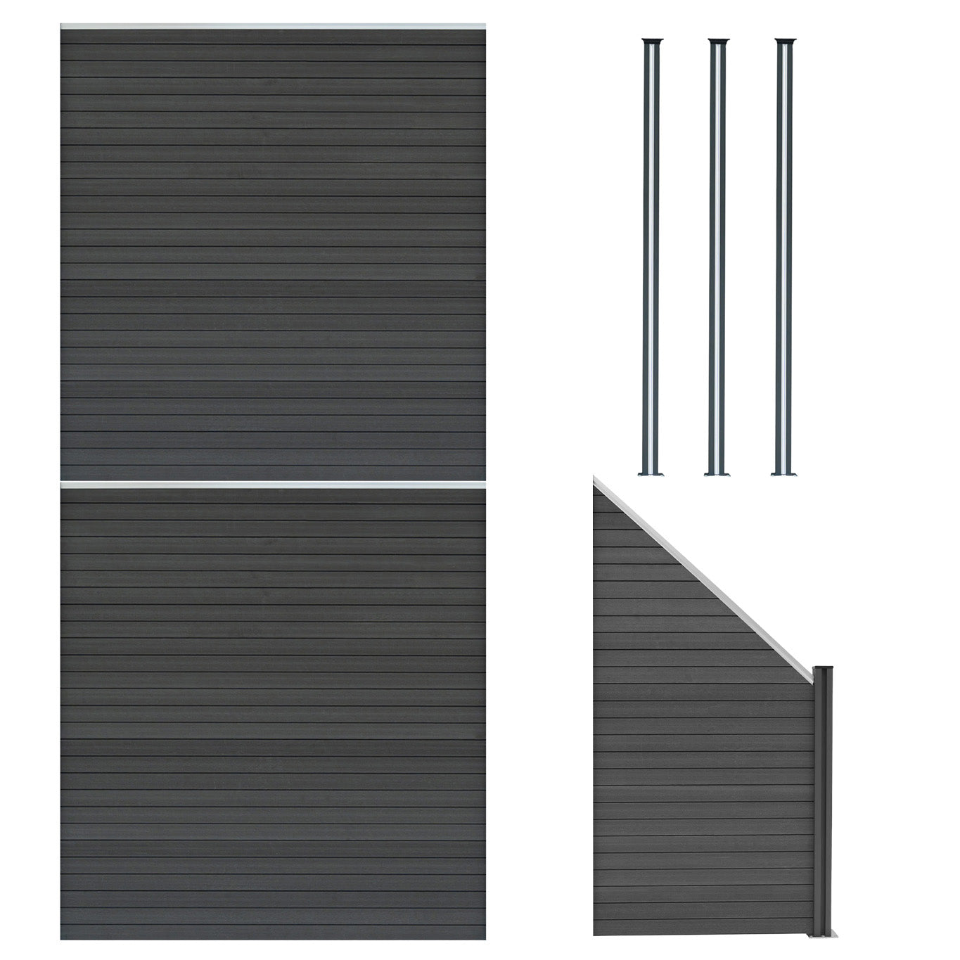 Vallas Para Exteriores De Wpc Y Aluminio - 2x Paneles Cuadrados + 1x Oblicuo + 3x Postes Con Led | Gris_0