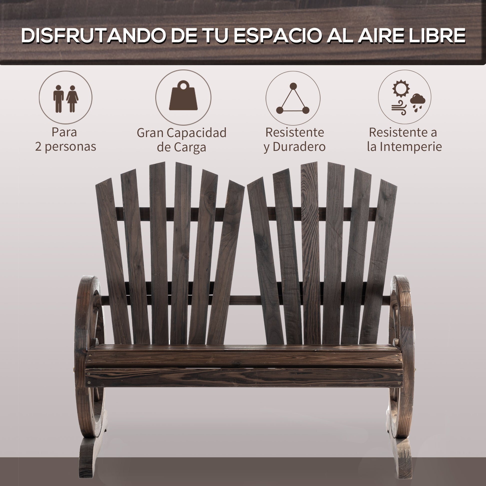 Outsunny Banco De Madera Con Apoyabrazos En Forma De Rueda 108x66x95 Cm Marrón_5
