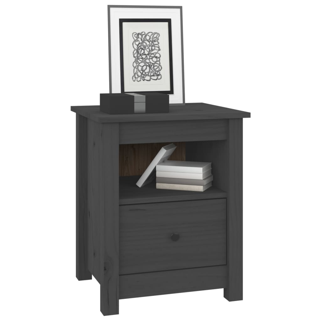 Mesita De Noche Madera Maciza De Pino Gris 40x35x49 Cm_2