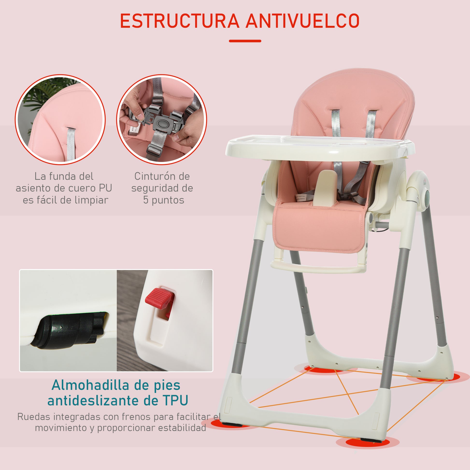 Homcom Trona Para Bebé Evolutiva Plegable De +6 Meses Altura Ajustable Ruedas Y_5