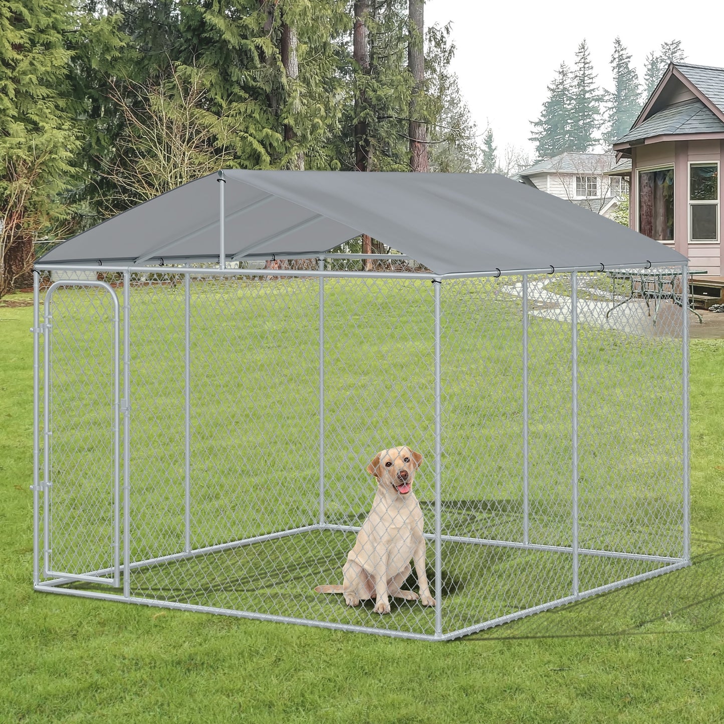 Pawhut Perrera De Exterior Con Toldo Anti-uv Impermeable 300x300x234 Cm Plata_1