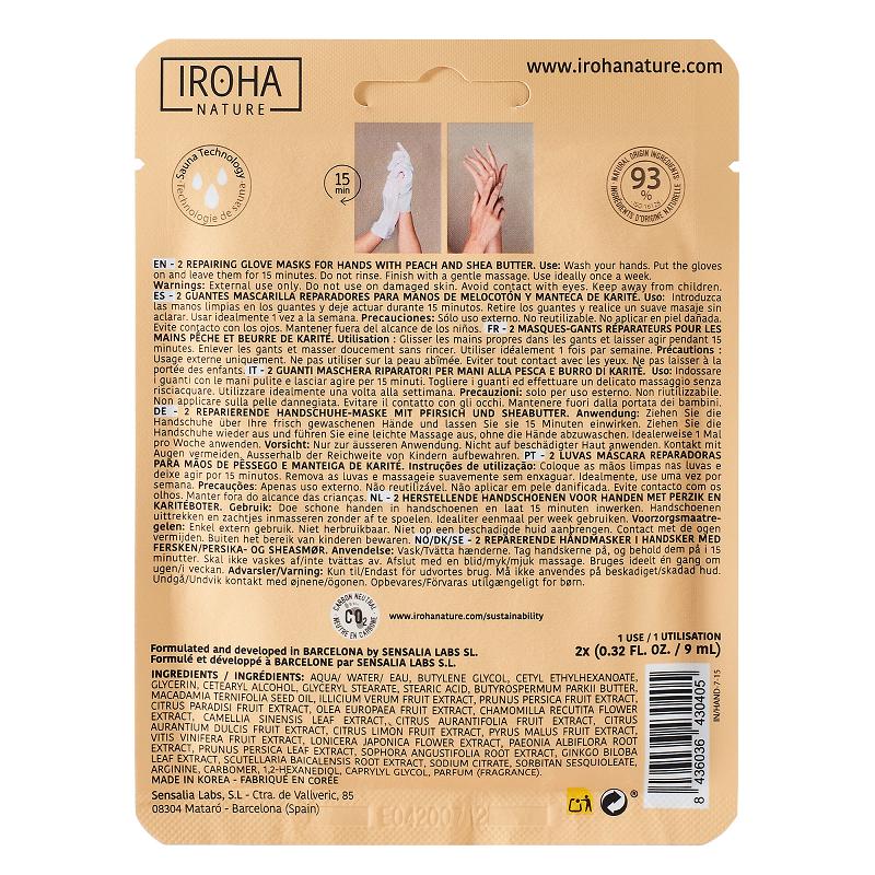 Iroha Nature Máscara Reparadora com Pêssego e Manteiga de Karité 2 Luvas de 9ml