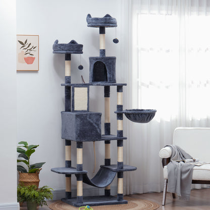 Pawhut Árbol Rascador Para Gatos Grande Altura 206 Cm Con Hamacas Gris Oscuro_1