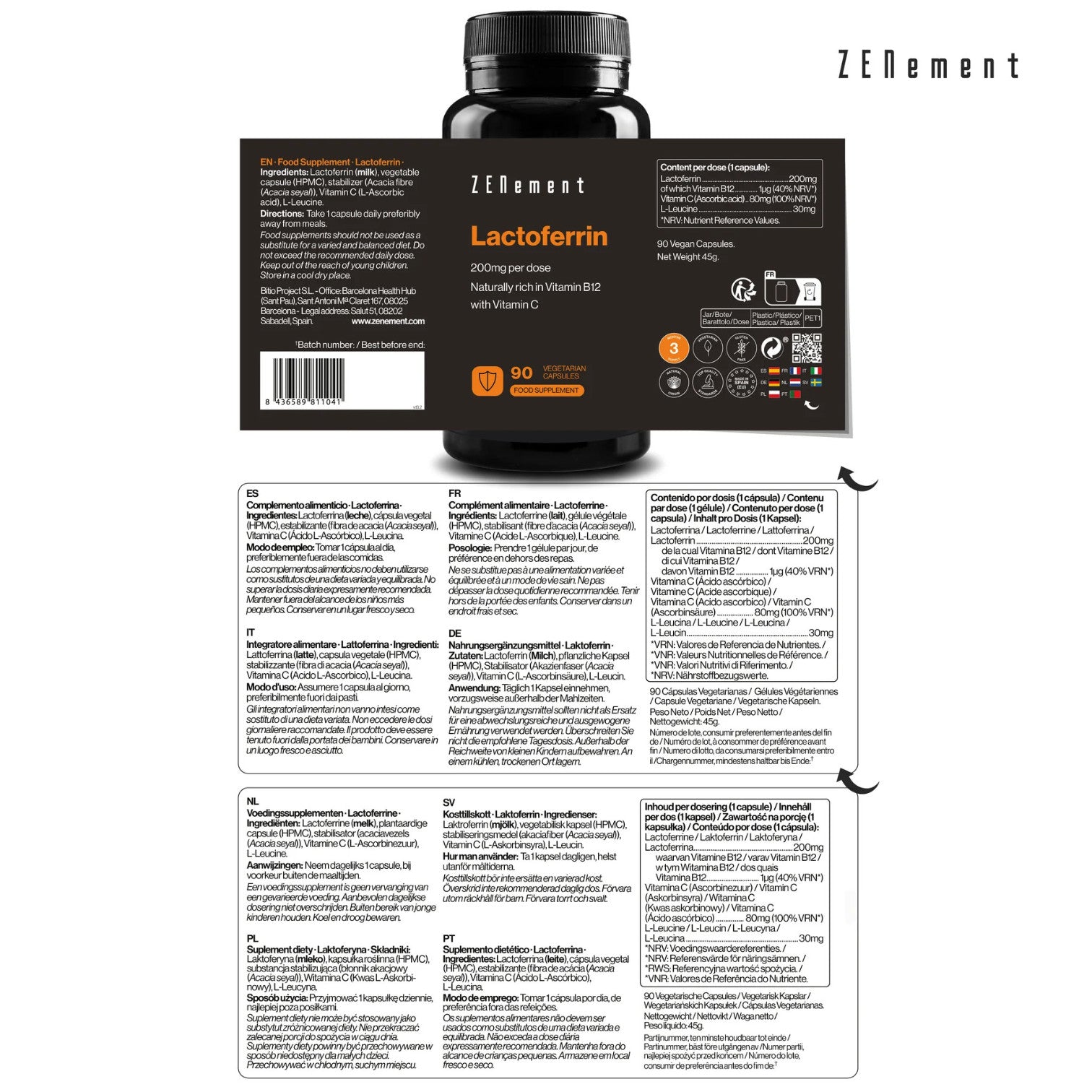 Lactoferrina 200 mg Zenement 90 Cápsulas Vegetarianas