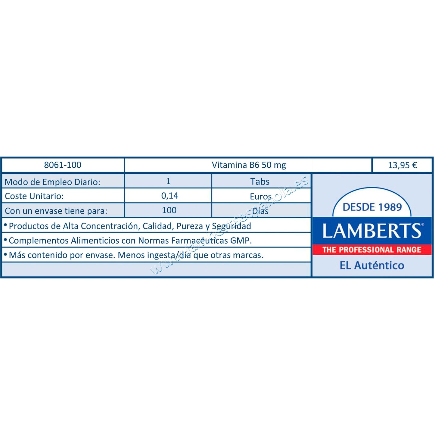 Vitamina B6 100 comprimidos de 50 mg, Lamberts