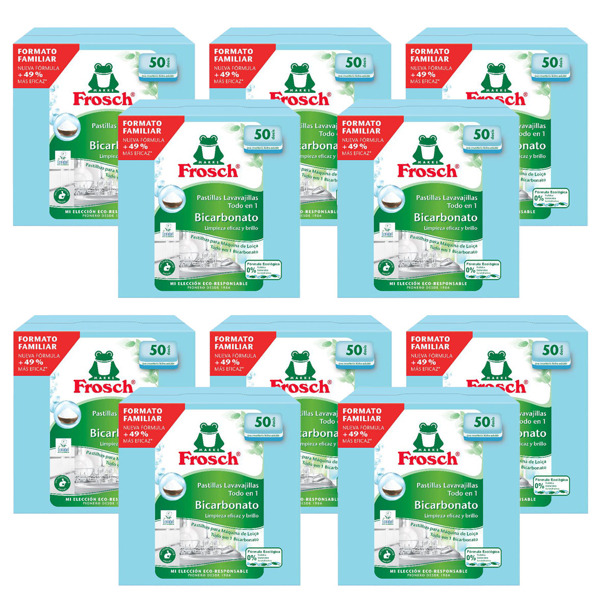 Embalagem de 10 tabletes de refrigerante Frosch para máquina de lavar louça, 50 unidades (tamanho familiar)