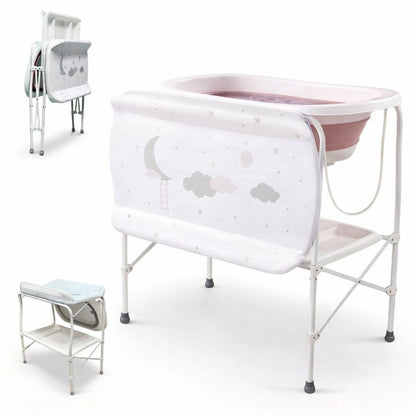 Bathby | Bañera Bebé 5 En 1 Plegable Con Soporte, Cambiador, Bandejas, Desagüe (rosa Standard)_0