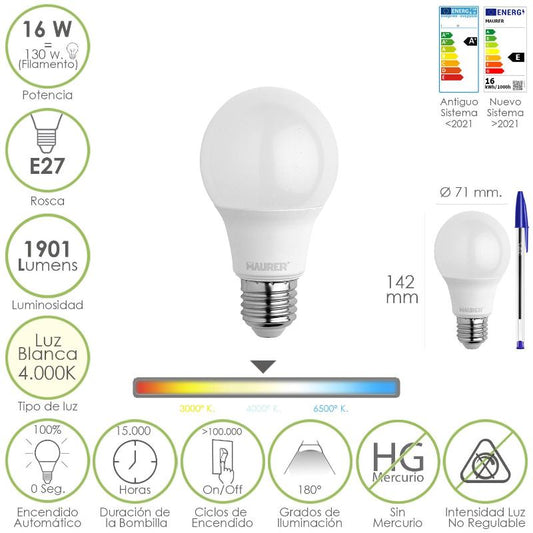 Bombilla Led Estandar Rosca E27. 16 Watt. Equivale A 130 Watt. 1901 Lumenes. Luz Blanca 4000º K.)_0