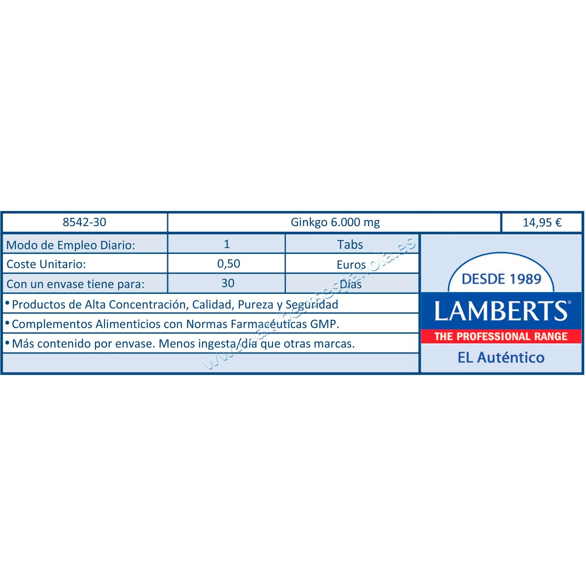 Ginkgo Biloba 6.000 mg, Lamberts 180 tabletas