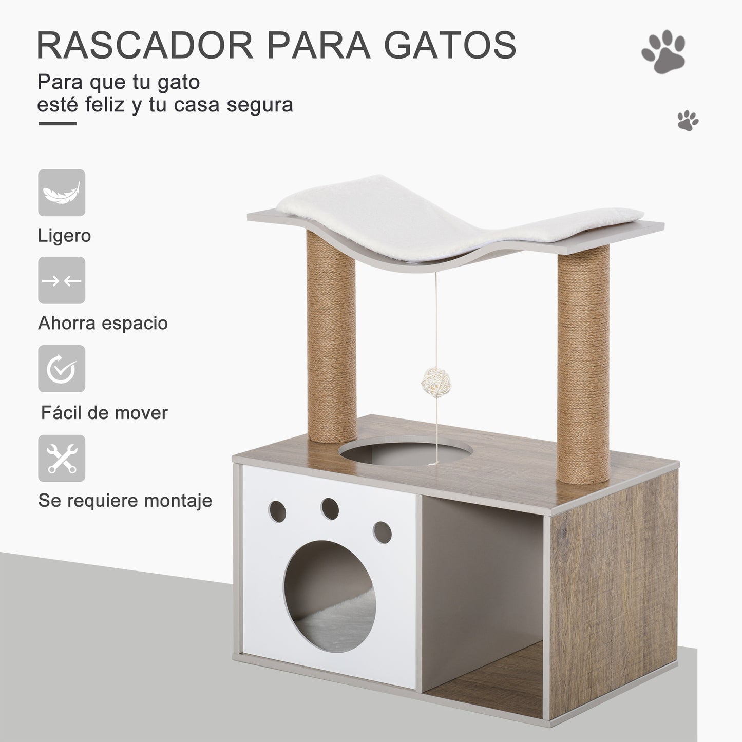 Pawhut Árbol Para Gatos Altura 74cm Con Caseta Madera Poste Bola Colgante Caja_4