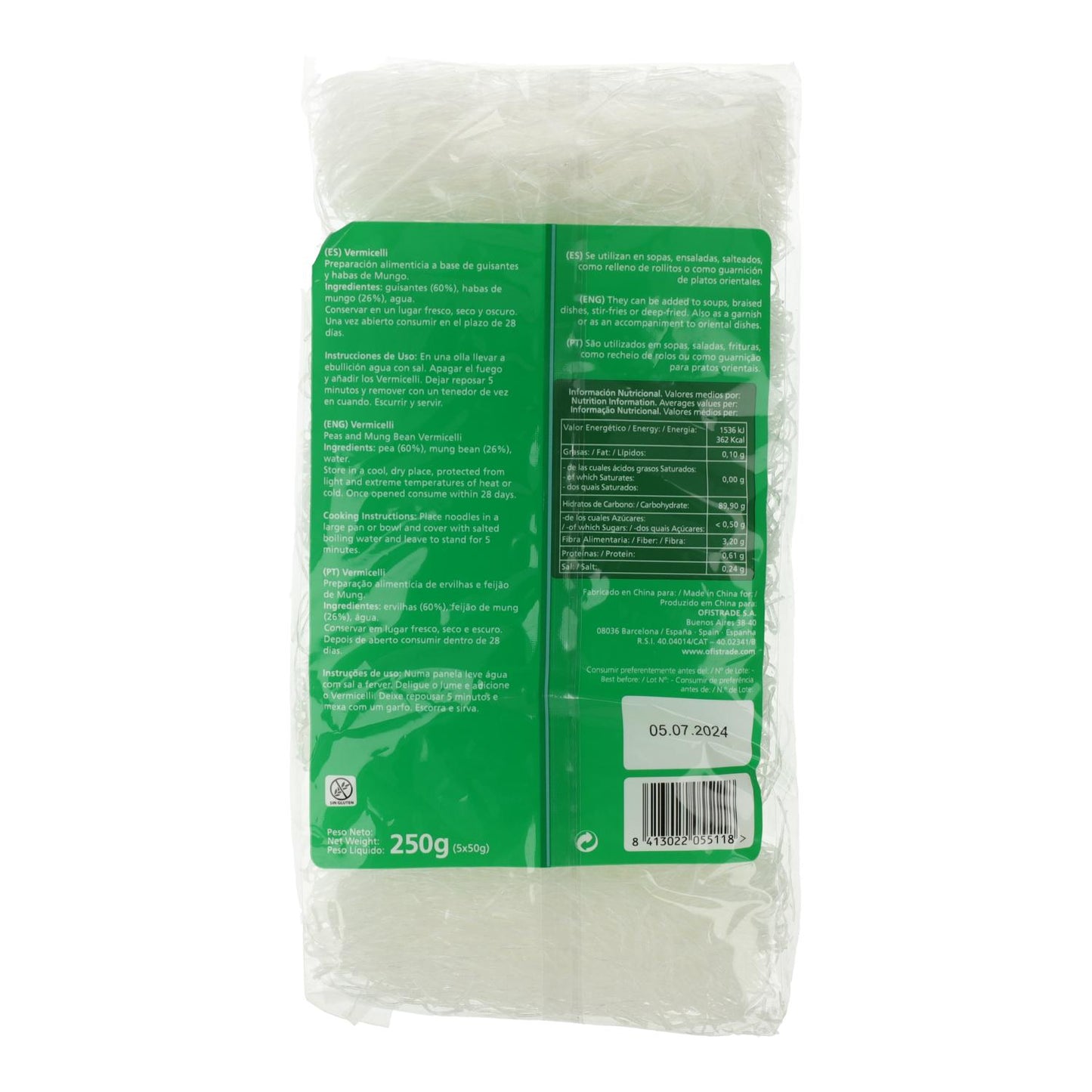 Noodles chineses de ervilha e feijão Vermicelli Yang-Tse 250 g