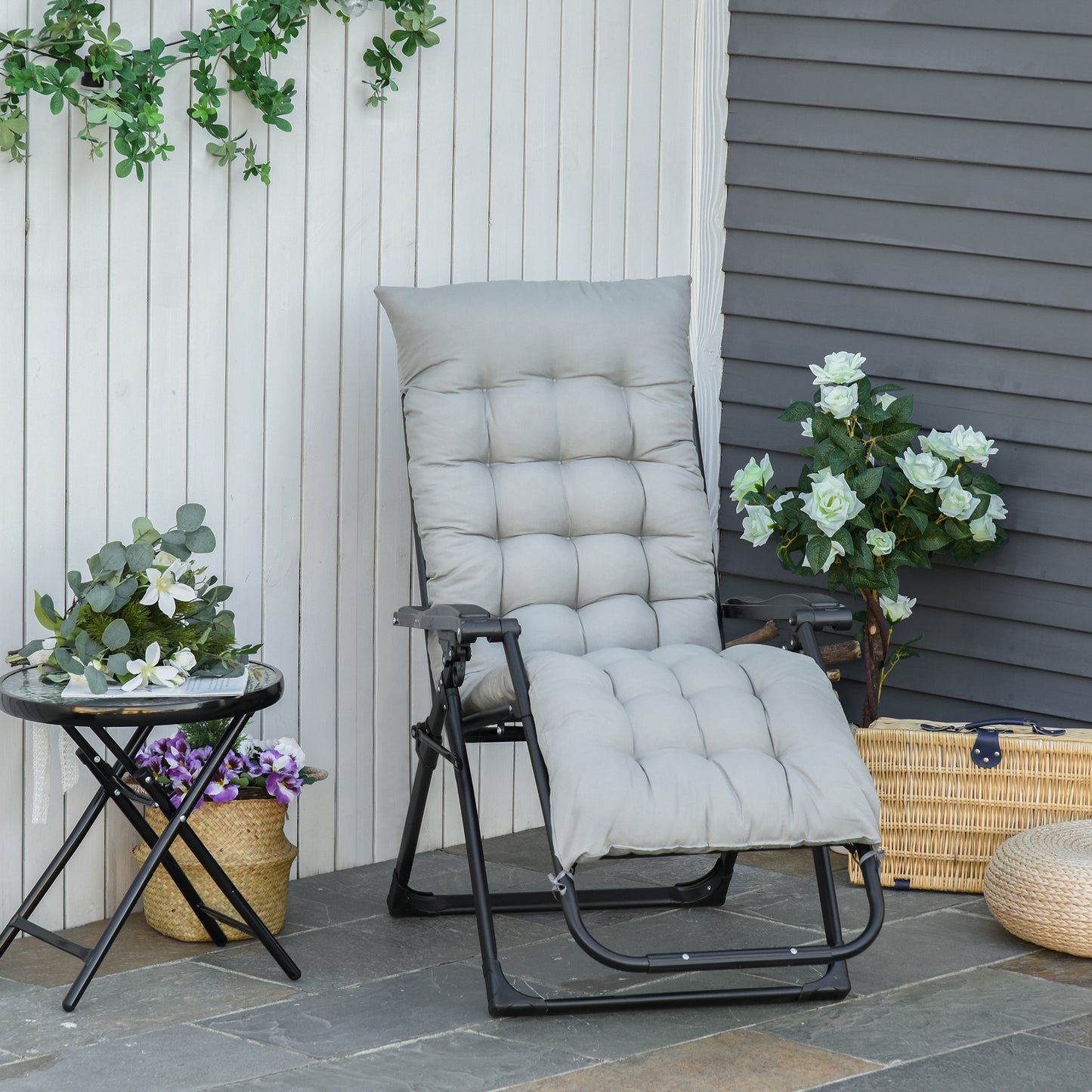 Outsunny Tumbona Plegable Cojín Extraíble 90x65x110cm 120kg Jardín Gris_1
