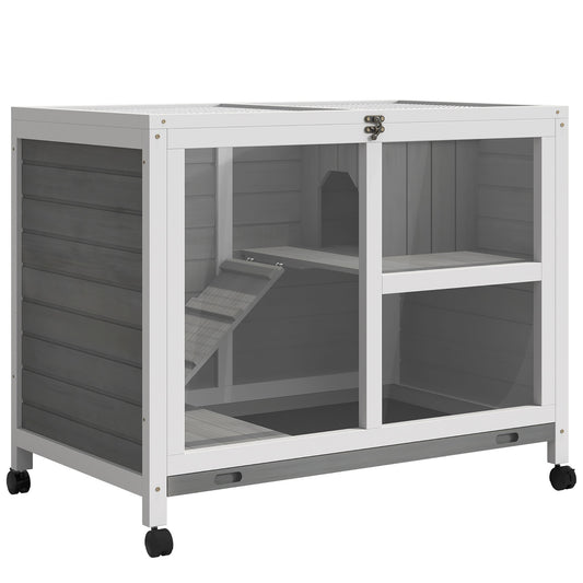 Pawhut Conejera De Madera Con Ruedas 91,5x53,3x73 Cm Techo Abatible Bandeja_0