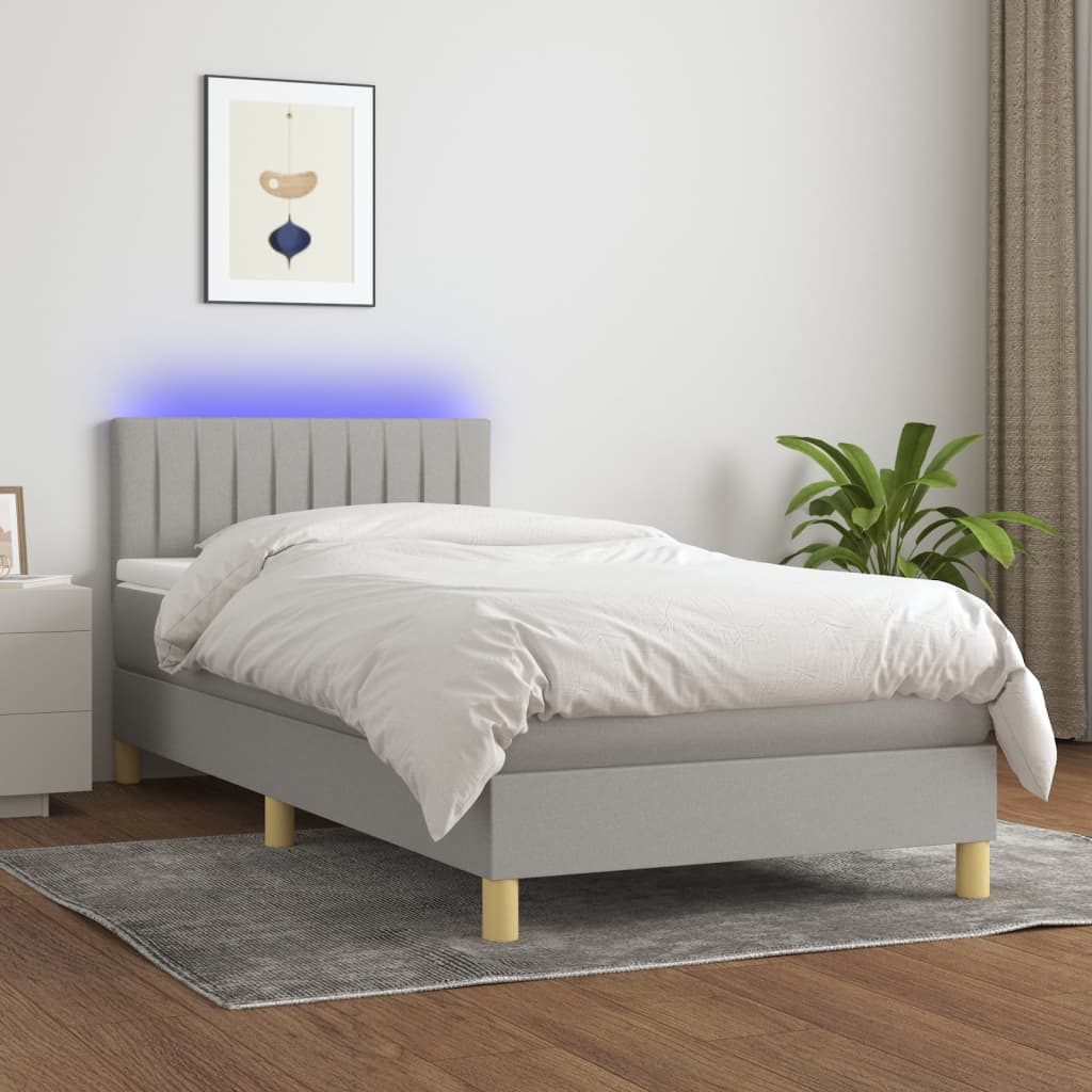 Cama Box Spring Con Colchón Tela Y Led Gris Claro 100x200 Cm / Vetonek_4