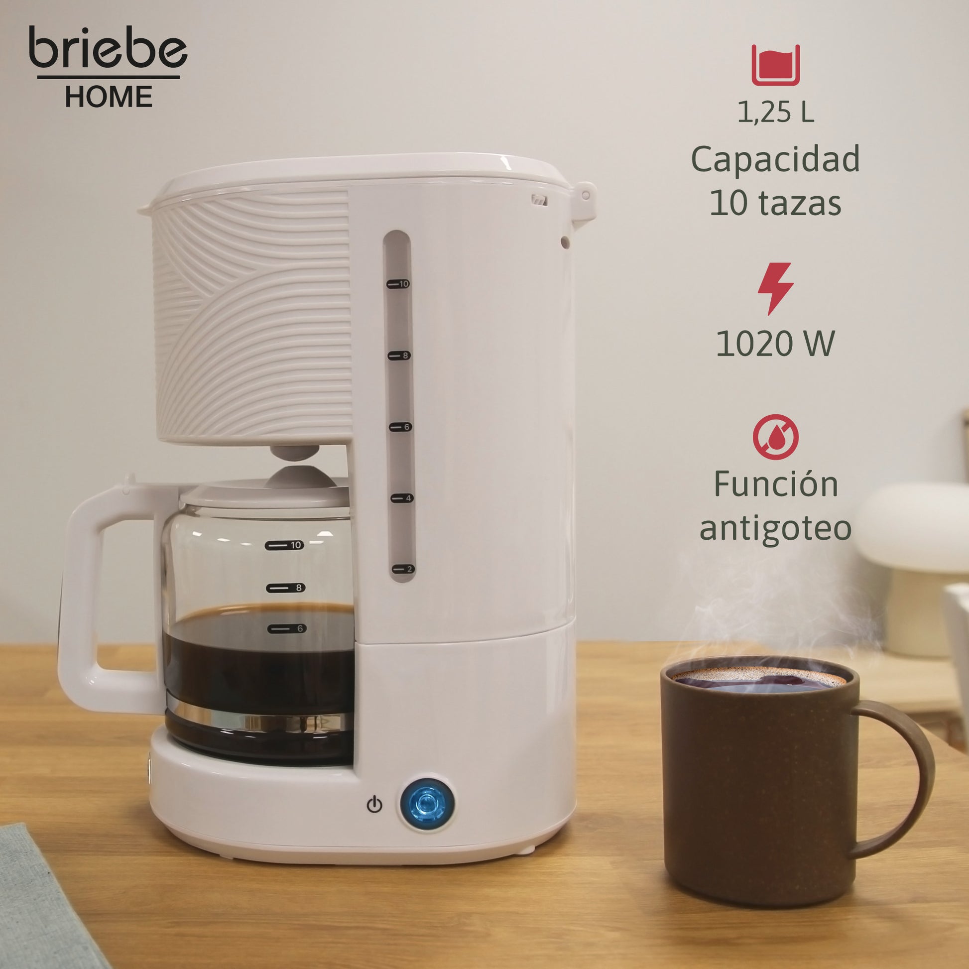 Briebe Cafetera Goteo 10 Tazas Máquina De Café Filtro Reutilizable, Función Mantener Caliente, 1,25 L, Cm1171wht,blanco_1