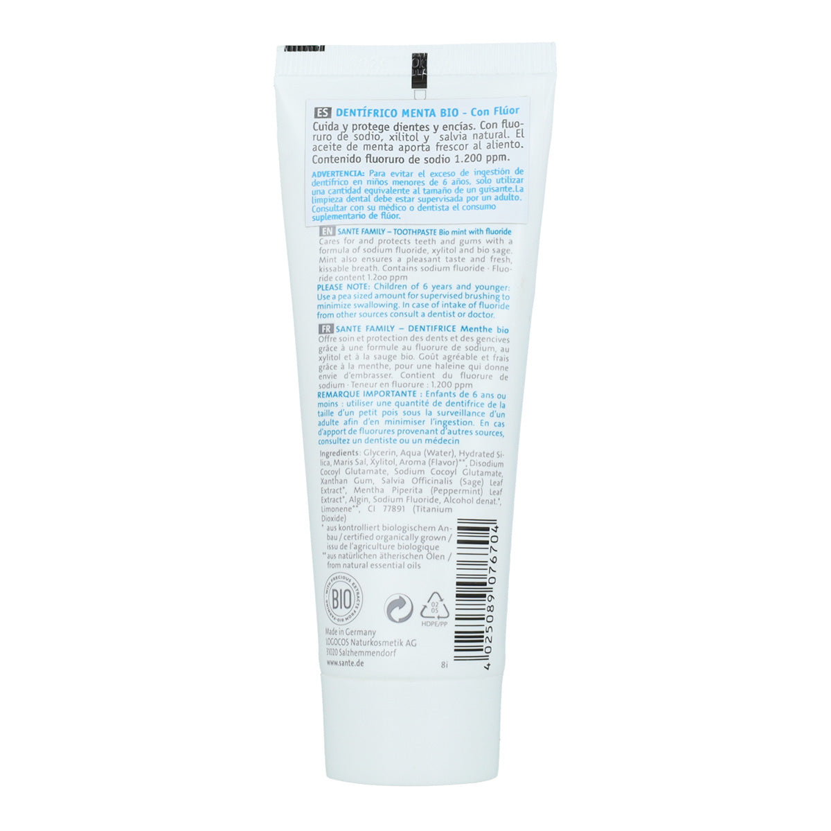 Pasta de dentes com flúor e menta Sante 75 ml