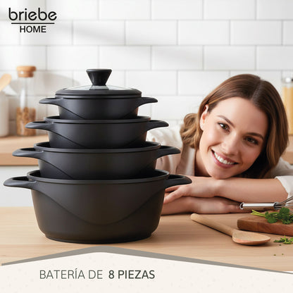 Briebe Batería De Cocina Inducción 8 Piezas Aluminio Fundido 4 Ollas Con Tapa De Cristal Antiadherente, Mgk12s, Negro_1