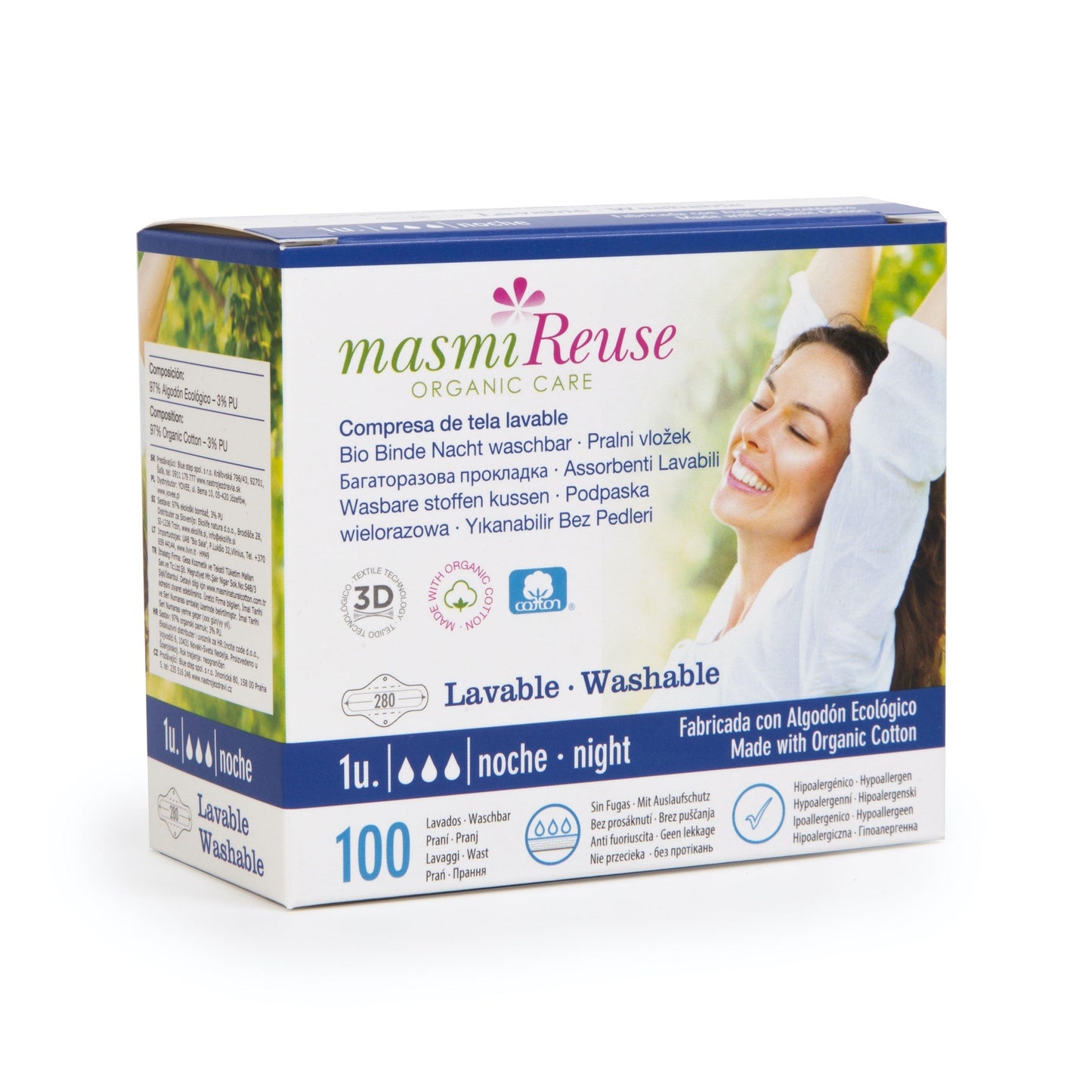 Absorvente noturno de pano lavável Masmi com abas