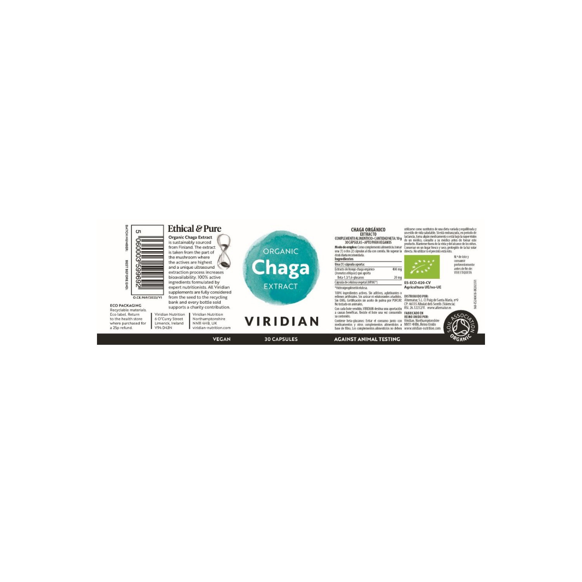 Extrato de Chaga Orgânico Viridian 30 Cápsulas