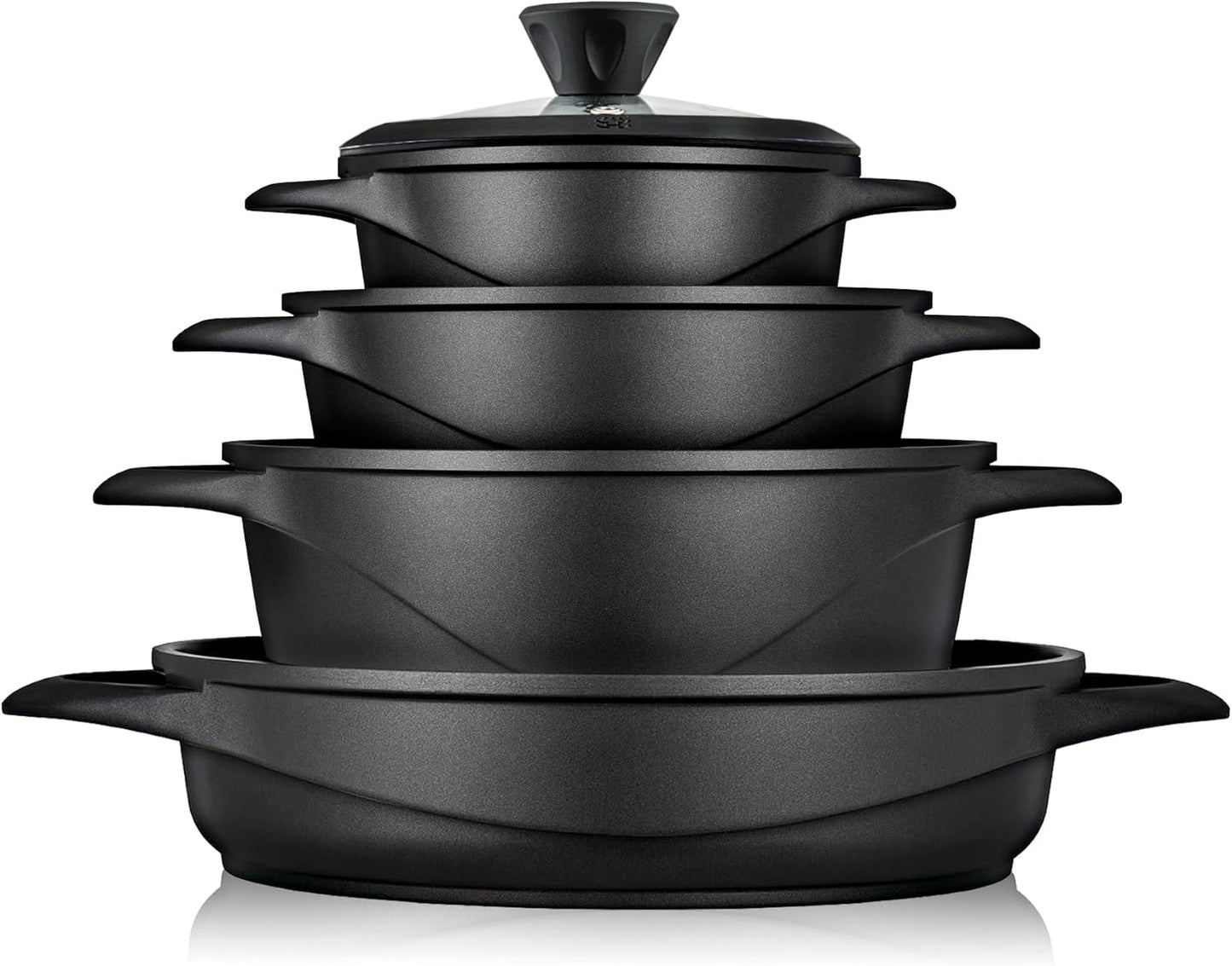 Briebe Batería De Cocina Inducción 8 Piezas Aluminio Fundido 4 Ollas Con Tapa De Cristal Antiadherente, Mgk-17s, Negro_0