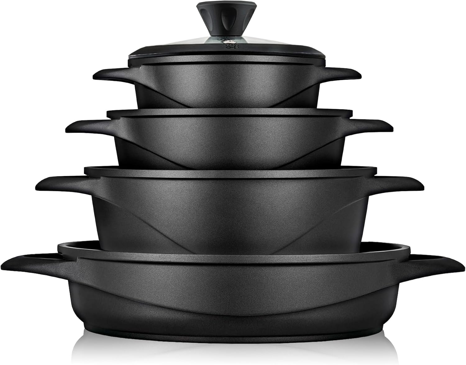 Briebe Batería De Cocina Inducción 8 Piezas Aluminio Fundido 4 Ollas Con Tapa De Cristal Antiadherente, Mgk-17s, Negro_0